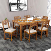 ONIJA Sheesham Wood CNC 6 Seater Dining Table with 6 Cushion Chairs | Wooden Dining Room Set Dinner Table Furniture for Living Room Home Hotels - Teak Finish